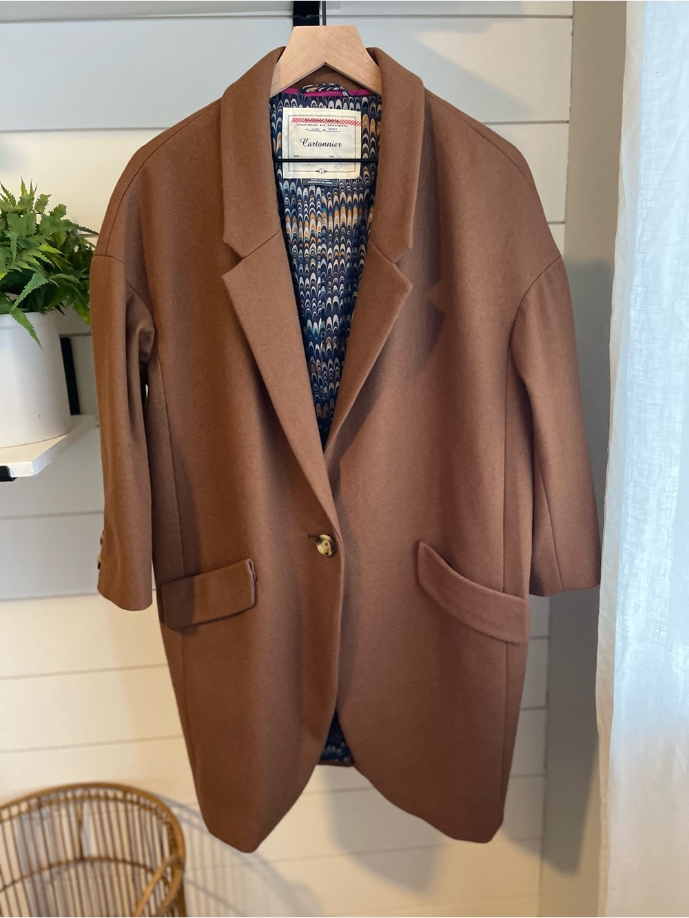 Anthropologie Cartonnier Cognac Wool Blend 3/4 Sleeve Cocoon Coat Large